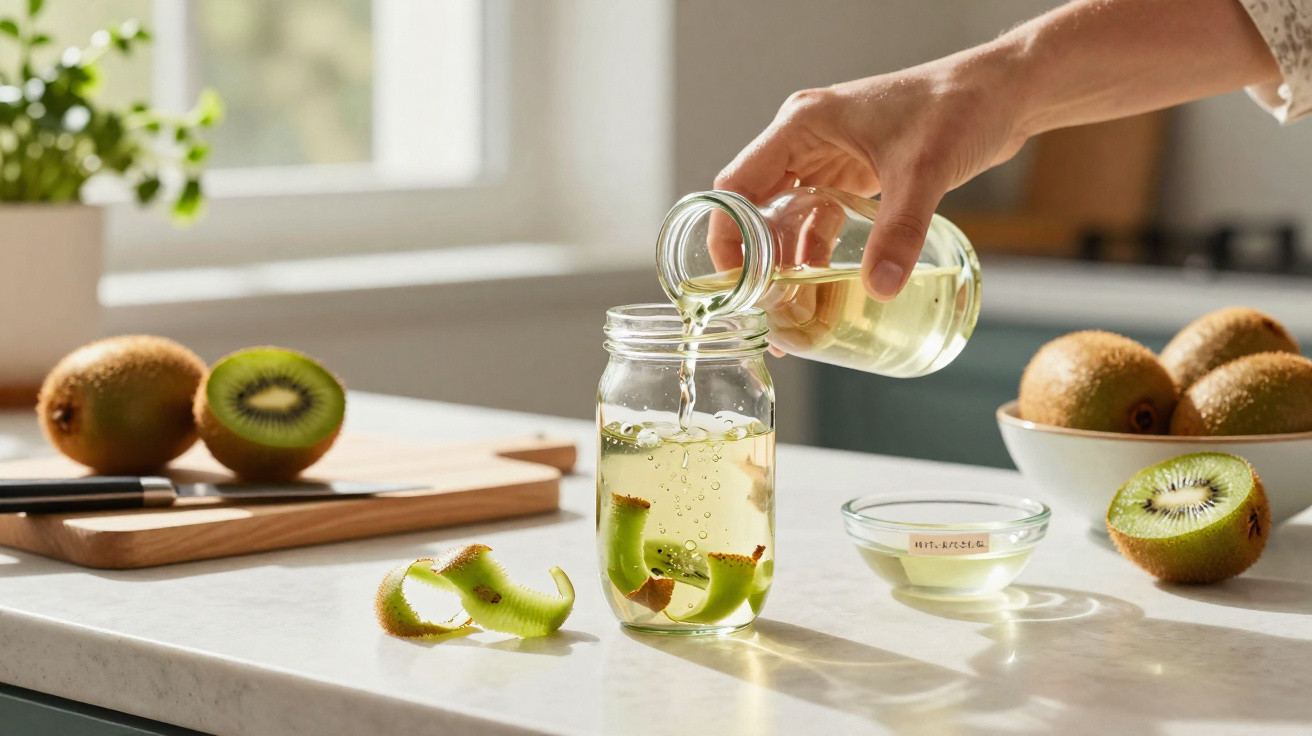 Mão a verter líquido numa jarra com cascas de kiwi, ao lado de kiwis inteiros e cortados numa bancada.