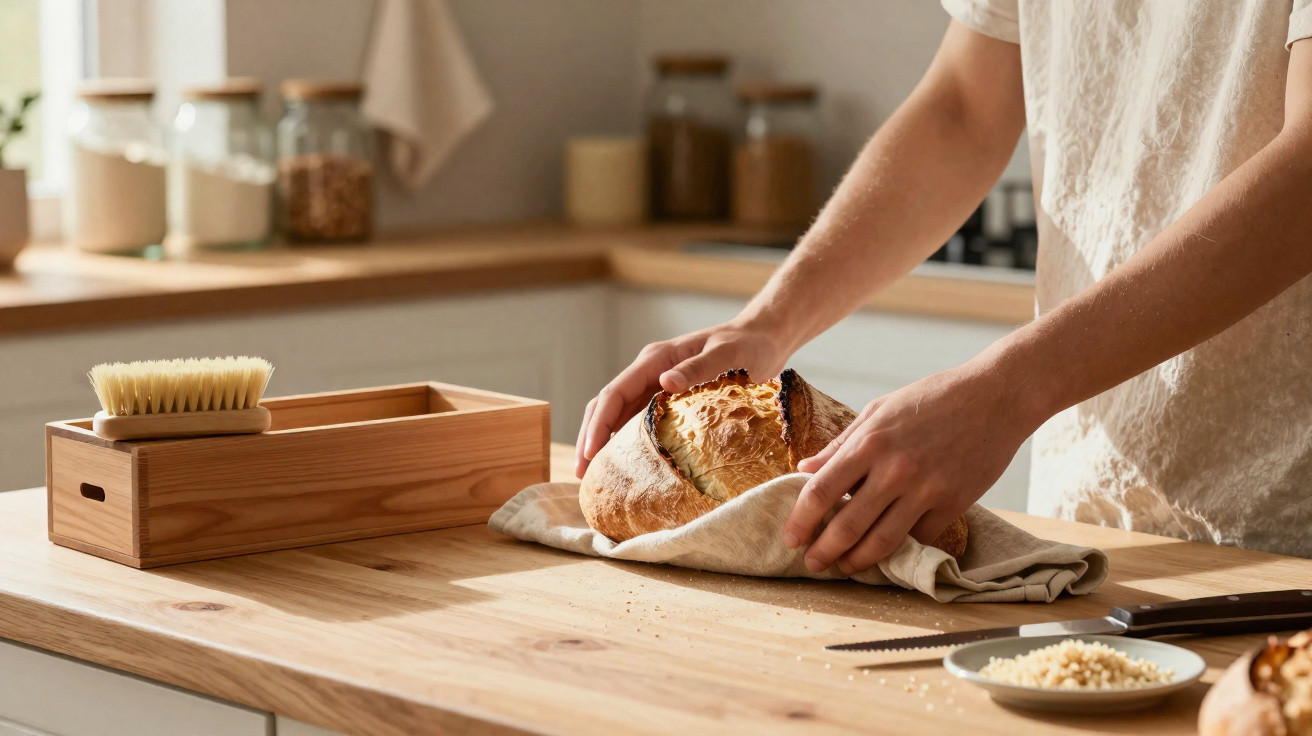 Pessoa a embrulhar pão caseiro numa cozinha ilumindada com luz natural, com utensílios de madeira na bancada.
