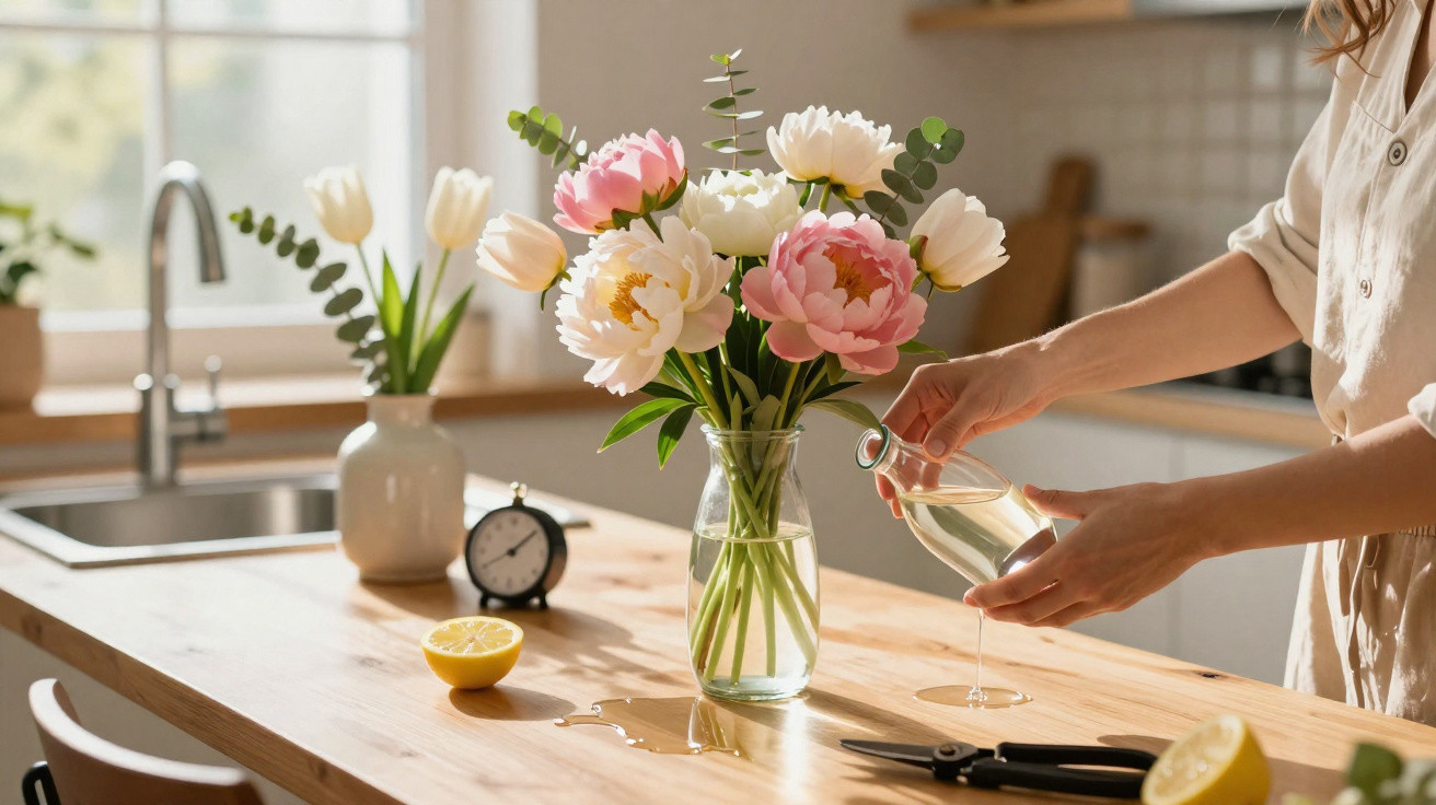 Pessoa a colocar água num jarro com flores cor-de-rosa e brancas numa cozinha iluminada.