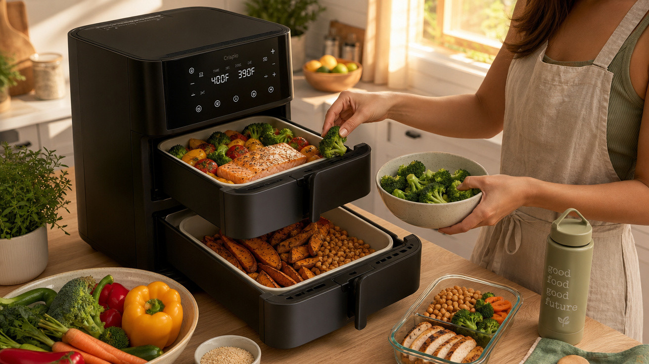 Pessoa a retirar brócolos de uma fritadeira elétrica de dois andares com legumes e salmão preparados.