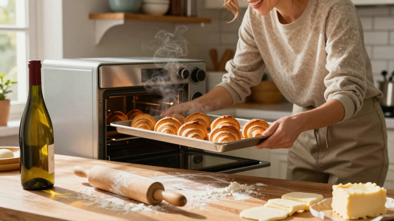 Mulher a retirar croissants quentes do forno numa cozinha com utensílios de pastelaria na bancada.