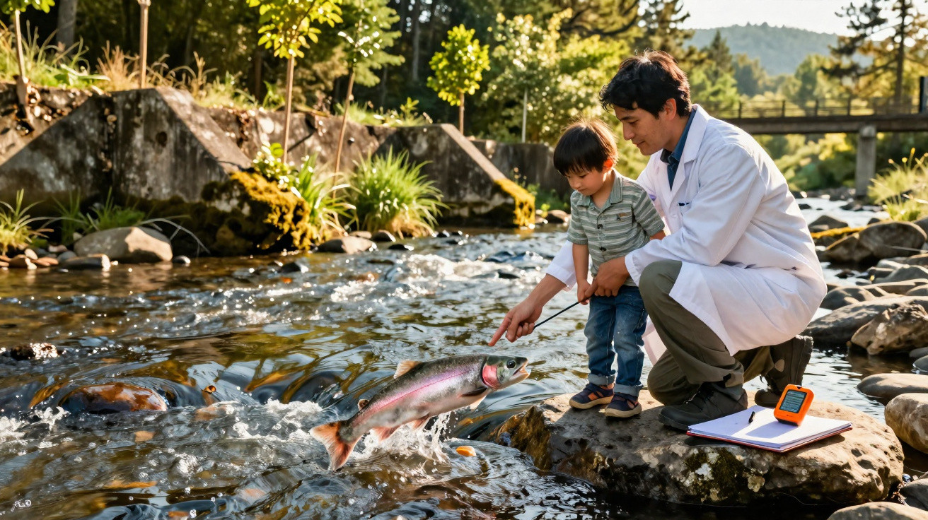 Homem de bata branca e criança observam peixe a saltar num rio rodeado de pedras e vegetação.