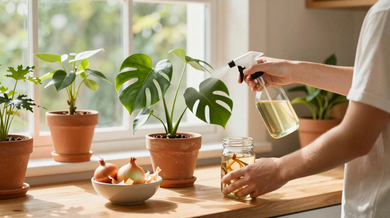 Pessoa a pulverizar planta em vaso de barro numa janela com outras plantas e uma tigela com cebolas.