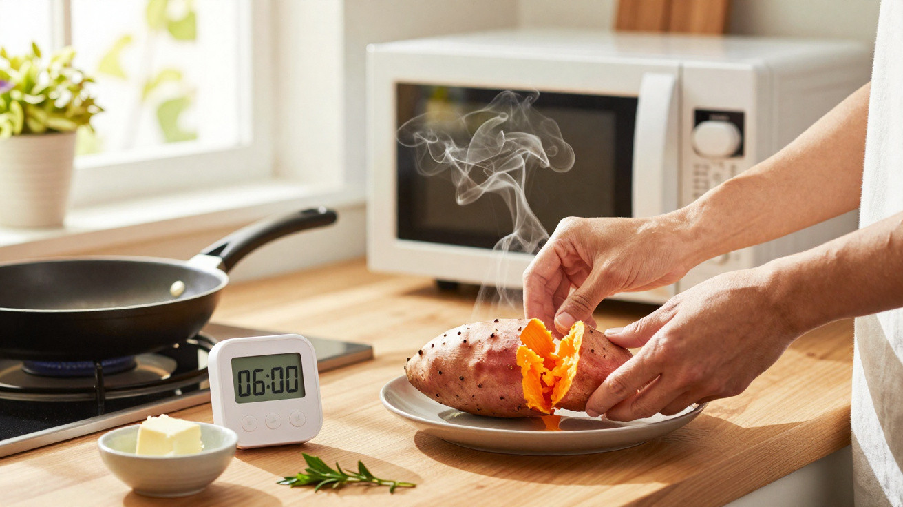 Pessoa a abrir uma batata-doce quente que liberta vapor numa cozinha clara e moderna.