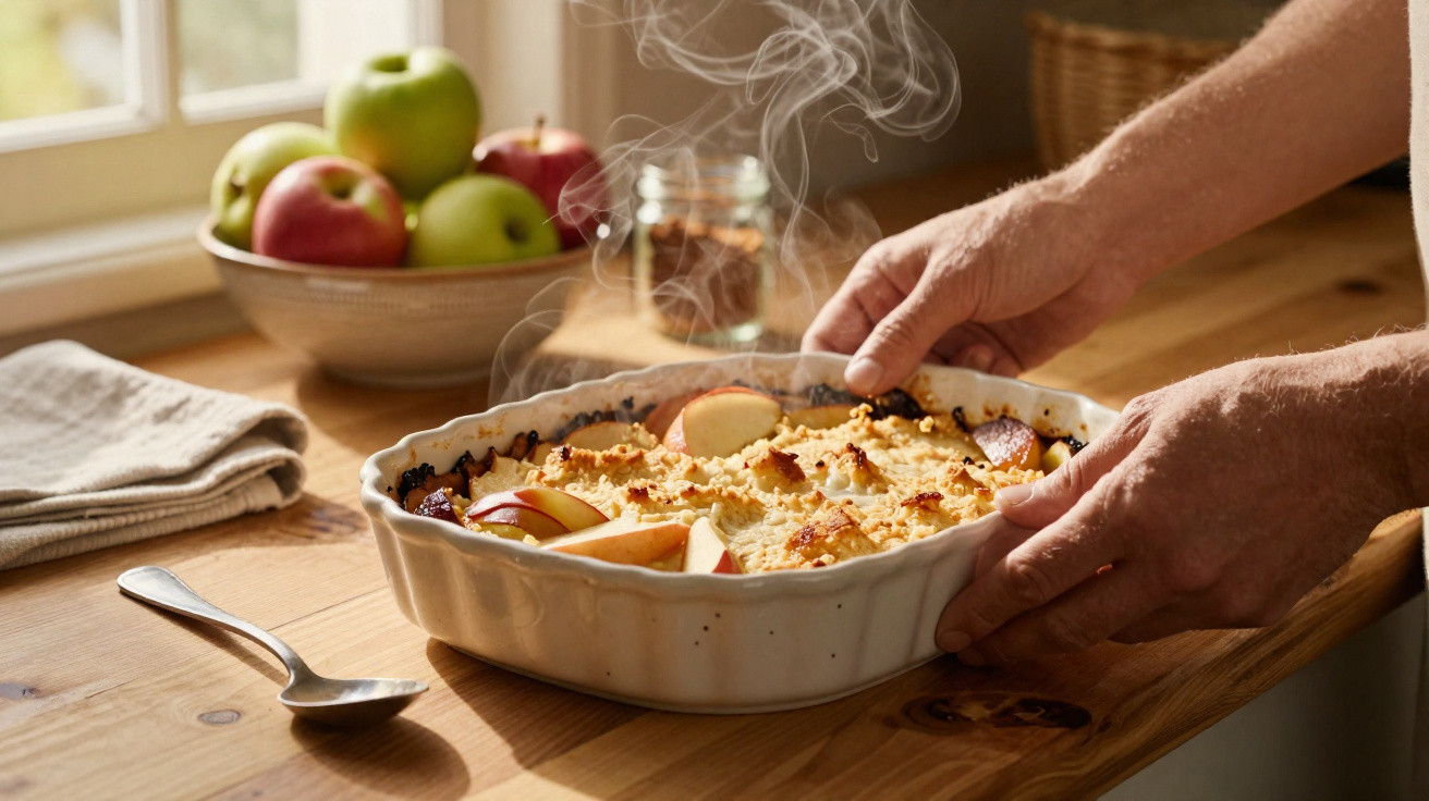 Mãos a segurarem um prato com crumble de maçã quente a libertar vapor numa mesa de madeira iluminada.