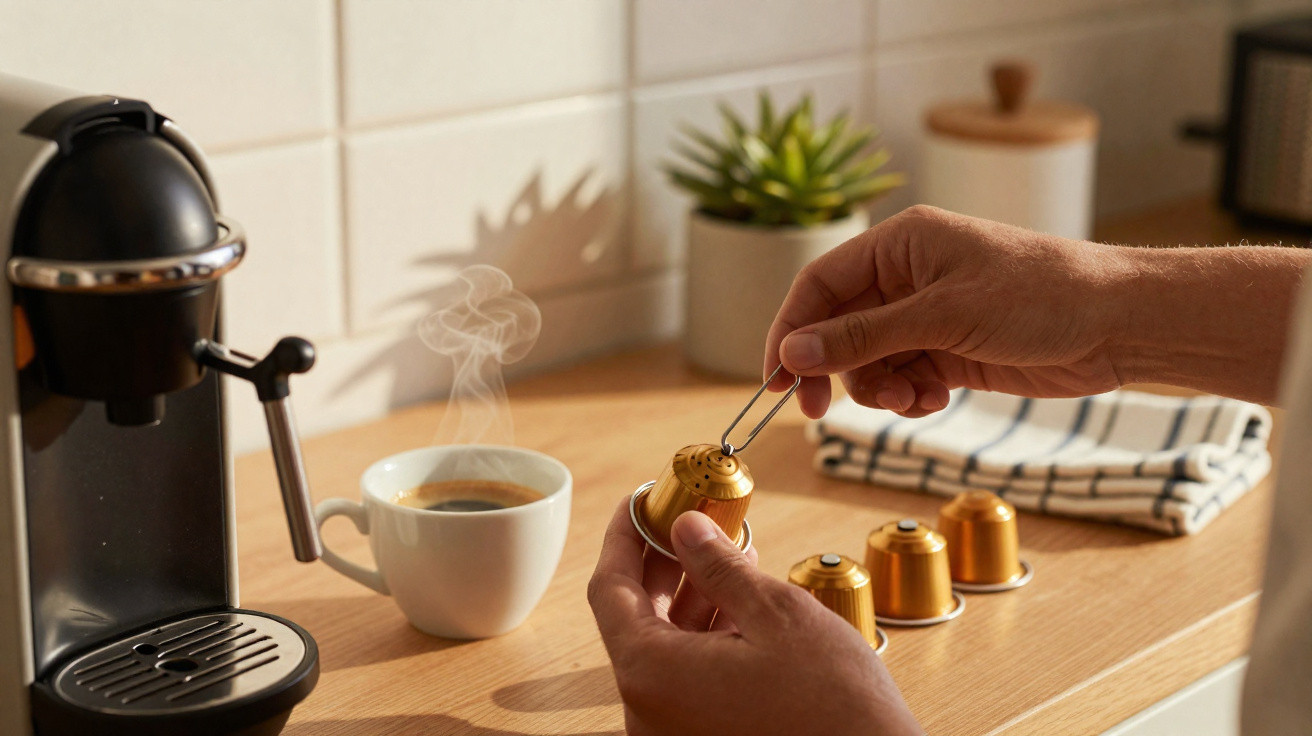 Mãos a preparar cápsula dourada para máquina de café com chávena de café quente e plantas ao fundo numa cozinha.
