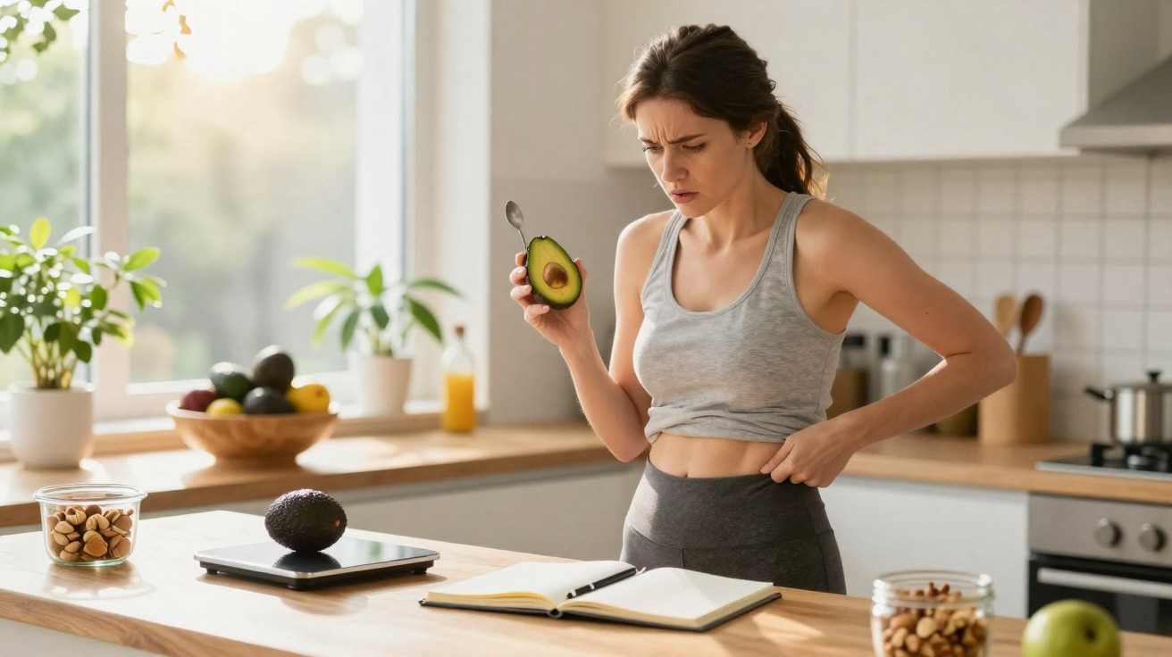 Mulher na cozinha segurando um abacate partido, olhando com expressão de dúvida enquanto consulta um livro aberto.