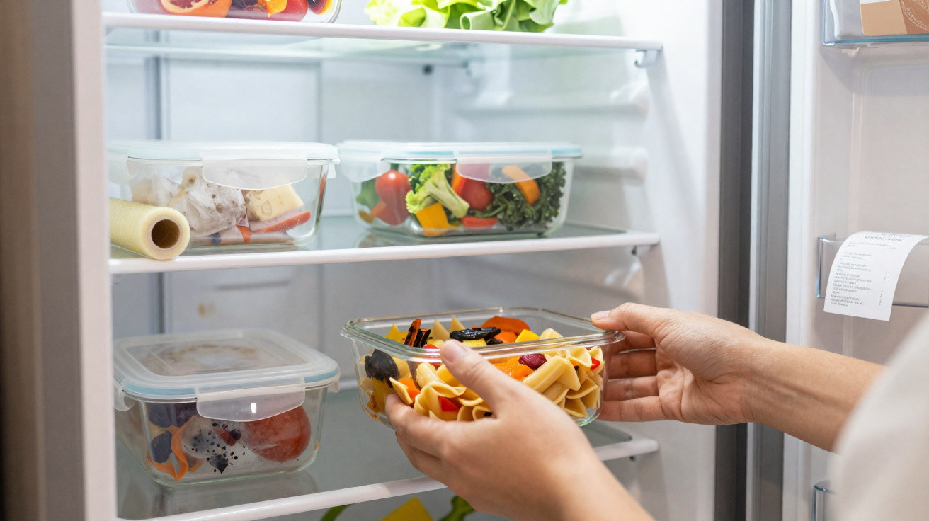 Mãos a guardar recipiente com massa e legumes numa prateleira de frigorífico com vários alimentos.