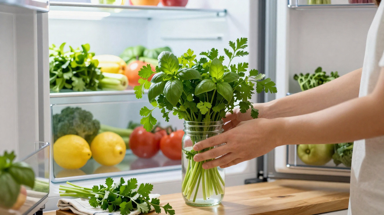 Mãos a colocar ervas frescas num frasco com água em frente a um frigorífico aberto cheio de frutas e legumes.