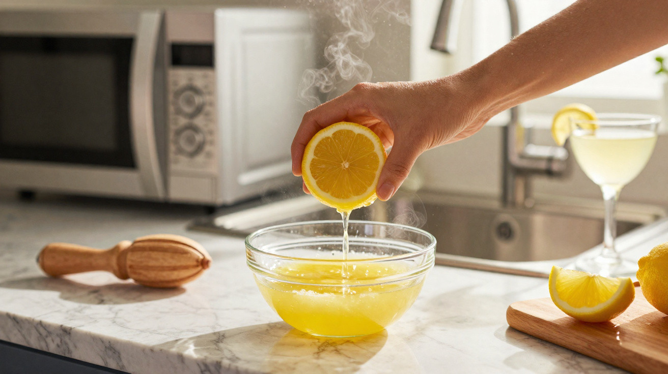 Mão espremendo limão numa tigela com vapor na bancada de cozinha com utensílios e copo ao fundo.