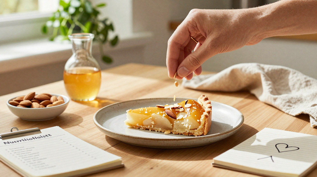 Fatia de tarte de pera com amêndoas, mel e mão a polvilhar amêndoas num prato sobre mesa de madeira.