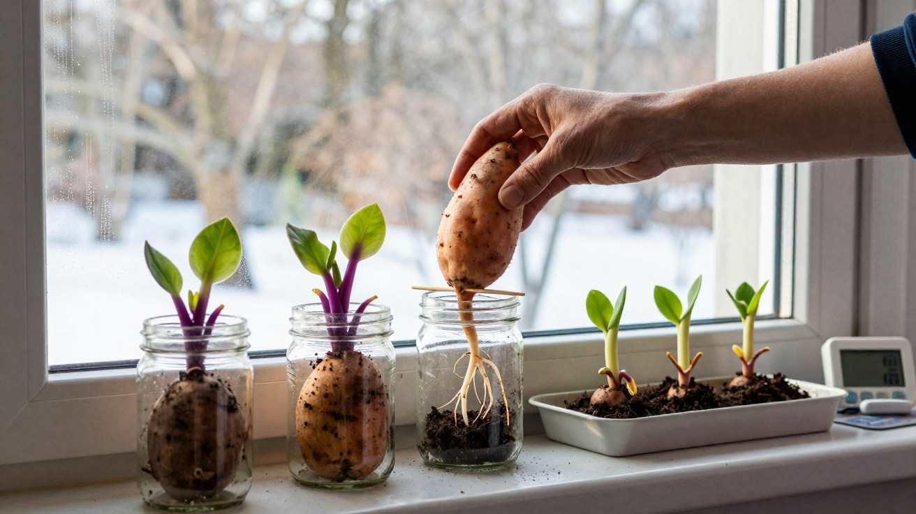 Mãos a plantar batata-doce germinada em frascos de vidro junto à janela com outras plantas em crescimento.