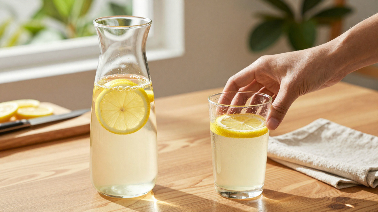 Mão a pegar copo com água e rodelas de limão em mesa de madeira, ao lado de jarra com limonada.