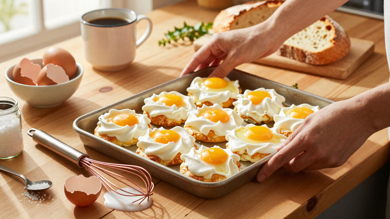 Tabuleiro com ovos mexidos com clara em suspiro e gemas inteiras sobre mesa de madeira com pão e utensílios de cozinha.