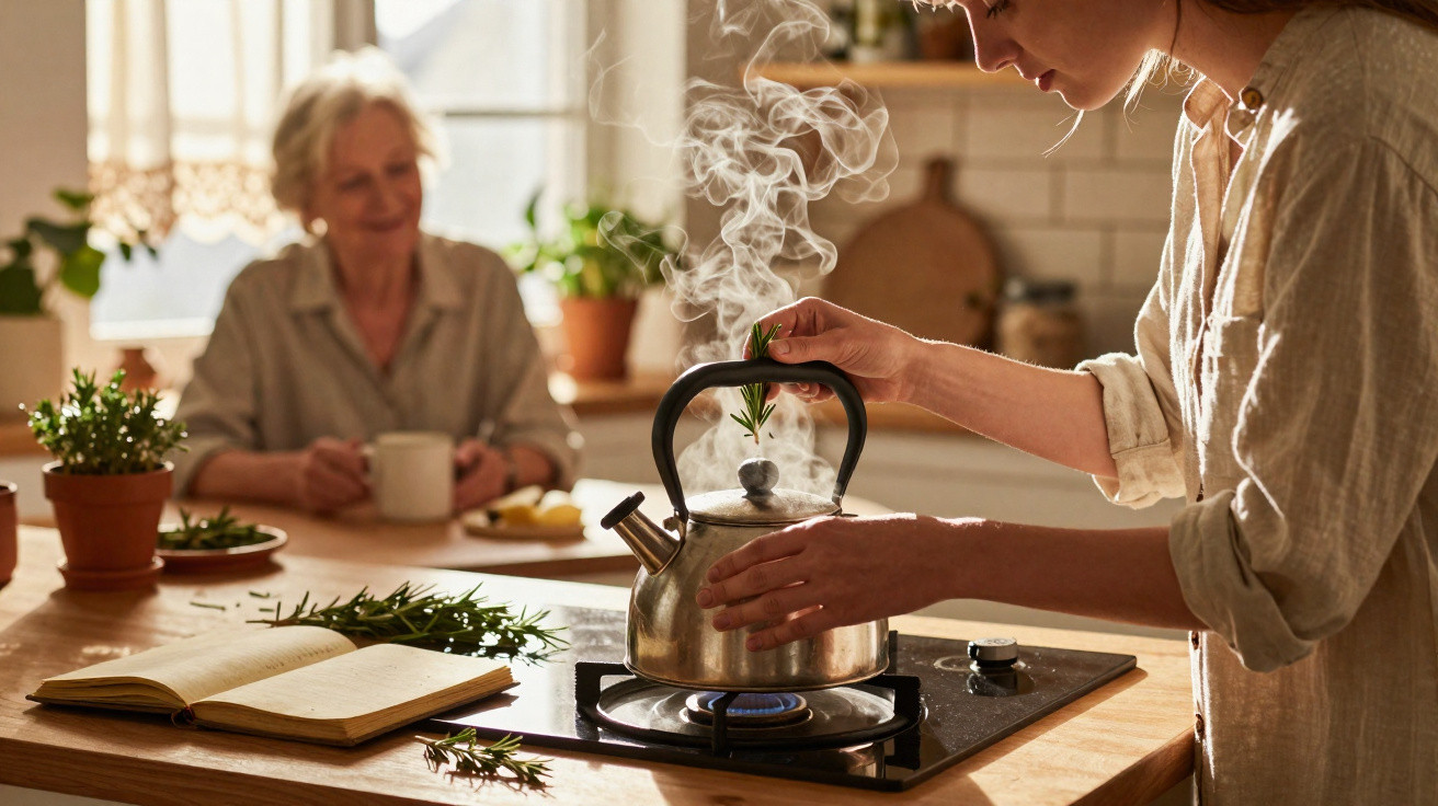 Mulher a preparar chá numa chaleira com vapor, senhora idosa sentada ao fundo a beber chá na cozinha.