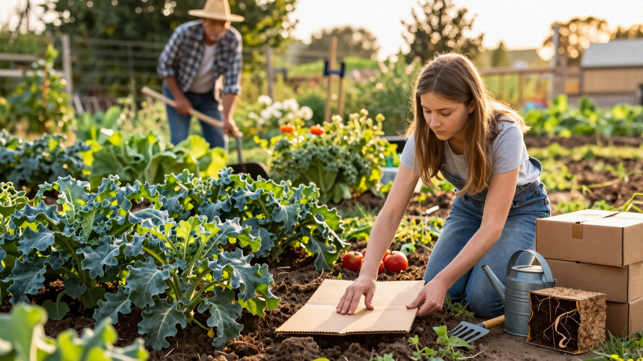 Rapaz e mulher a cultivar e plantar hortaliças num campo agrícola ao ar livre ao pôr do sol.