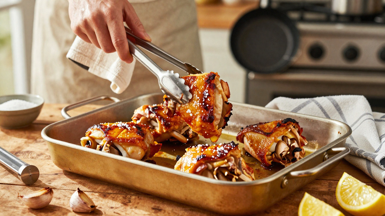 Mão a retirar pedaço de frango assado dourado numa assadeira com pinças, sobre mesa rústica na cozinha.