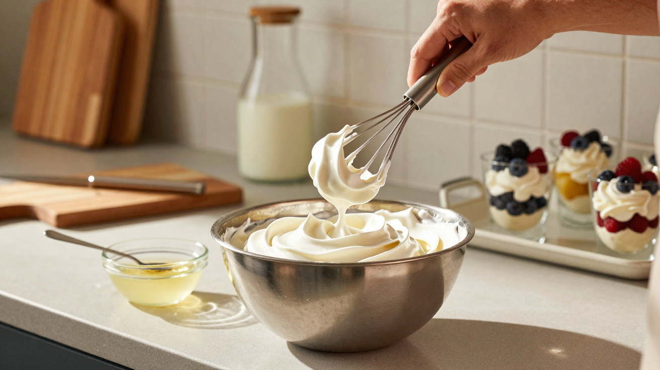 Pessoa a bater chantilly numa tigela de metal numa cozinha moderna com sobremesas ao fundo.