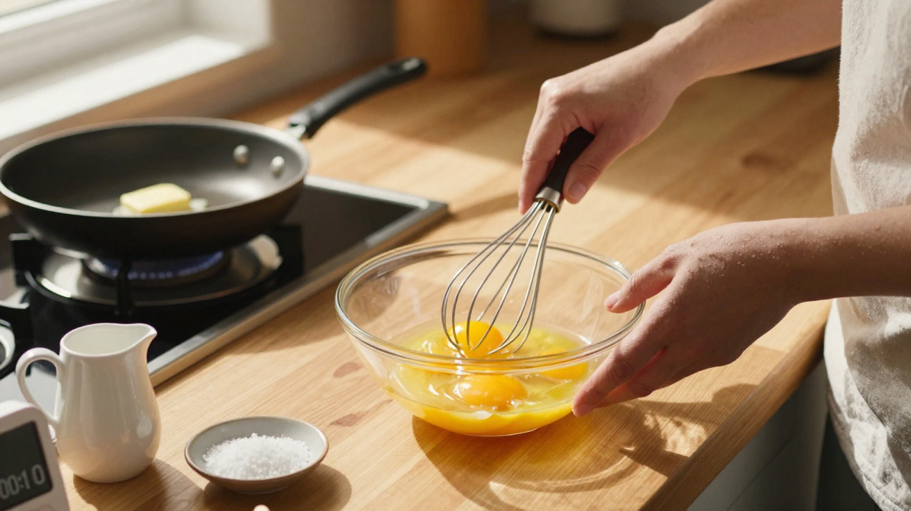 Pessoa a bater ovos numa tigela de vidro numa cozinha com frigideira e manteiga no fogão.