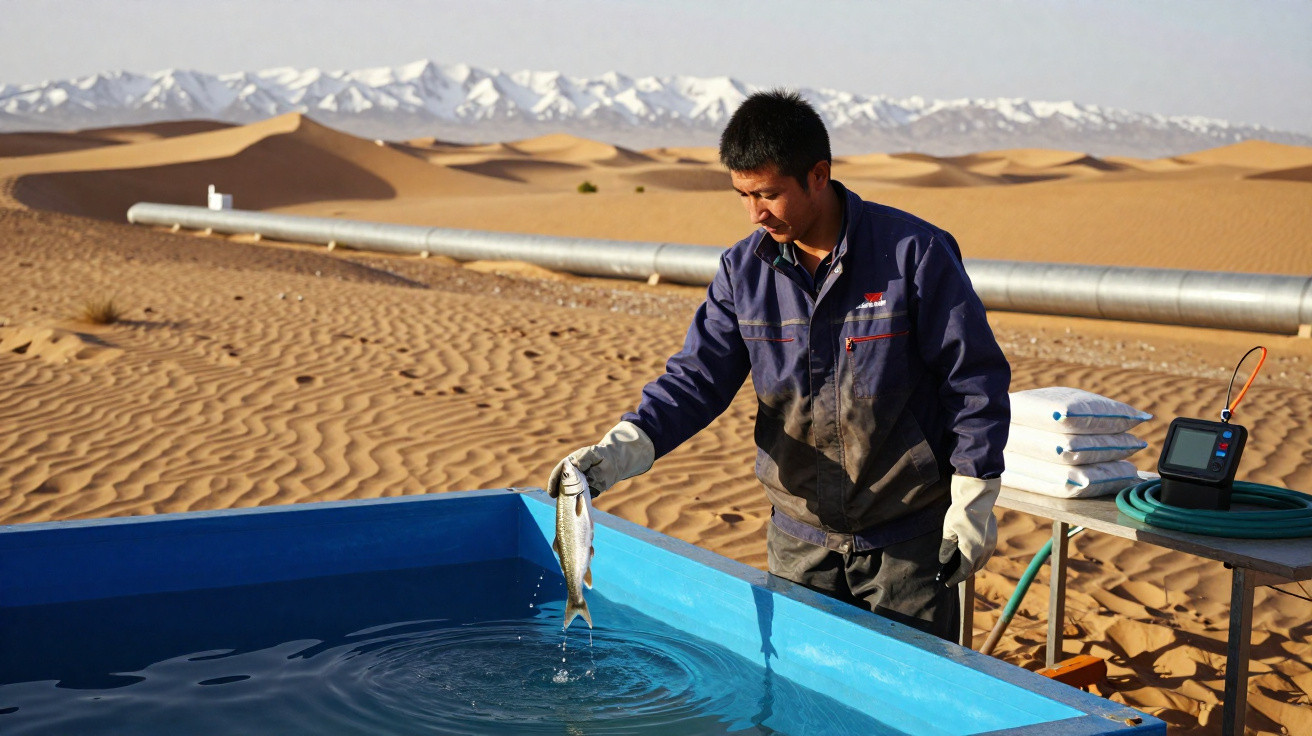 Homem numa roupa de trabalho segura um peixe junto a uma piscina azul num deserto com montanhas nevadas ao fundo.