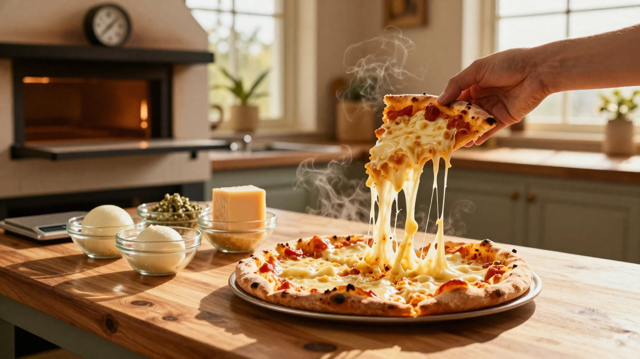 Mão a levantar uma fatia de pizza com queijo derretido e ingredientes numa cozinha iluminada.