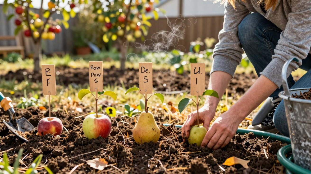 Pessoa a plantar árvores pequenas com etiquetas indicando nomes variados num jardim ensolarado.