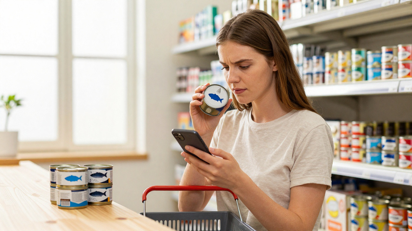 Mulher em supermercado lê informações numa lata de peixe enquanto olha para o telemóvel.