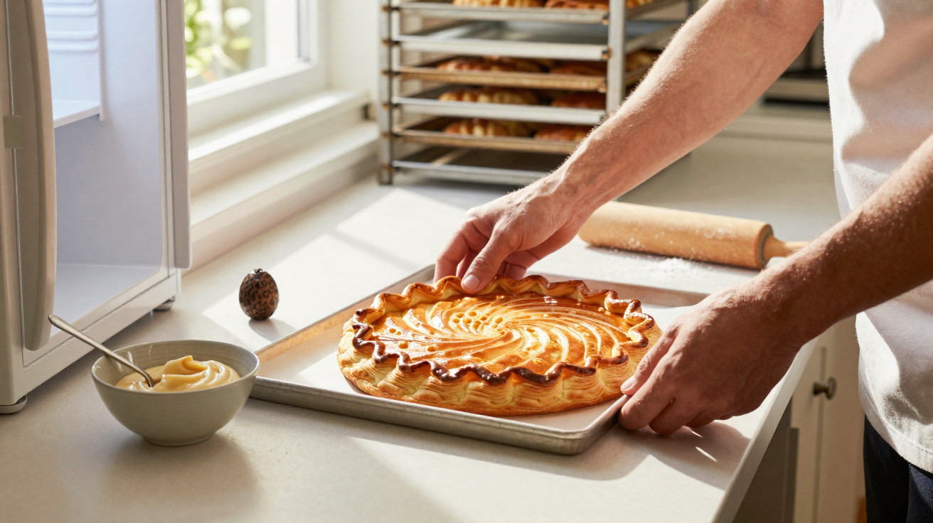 Mãos a retirar do forno uma tarte dourada num tabuleiro de cozinha bem iluminada.