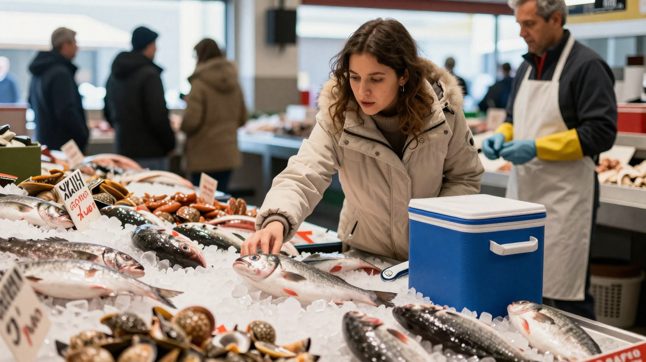Mulher escolhe peixe fresco num mercado de peixe com vendedor ao fundo e gelo espalhado na banca.