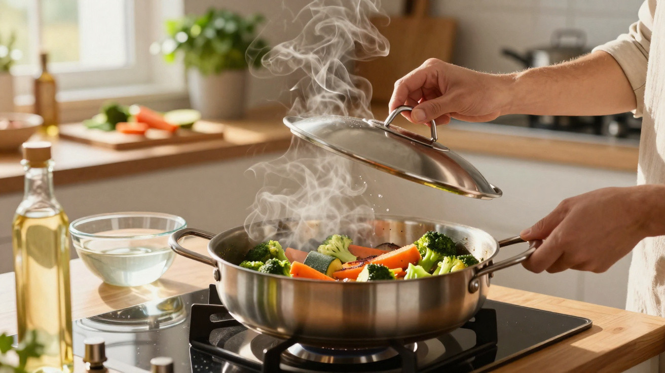 Pessoa a levantar tampa de panela com legumes a cozinhar a vapor no fogão numa cozinha iluminada.