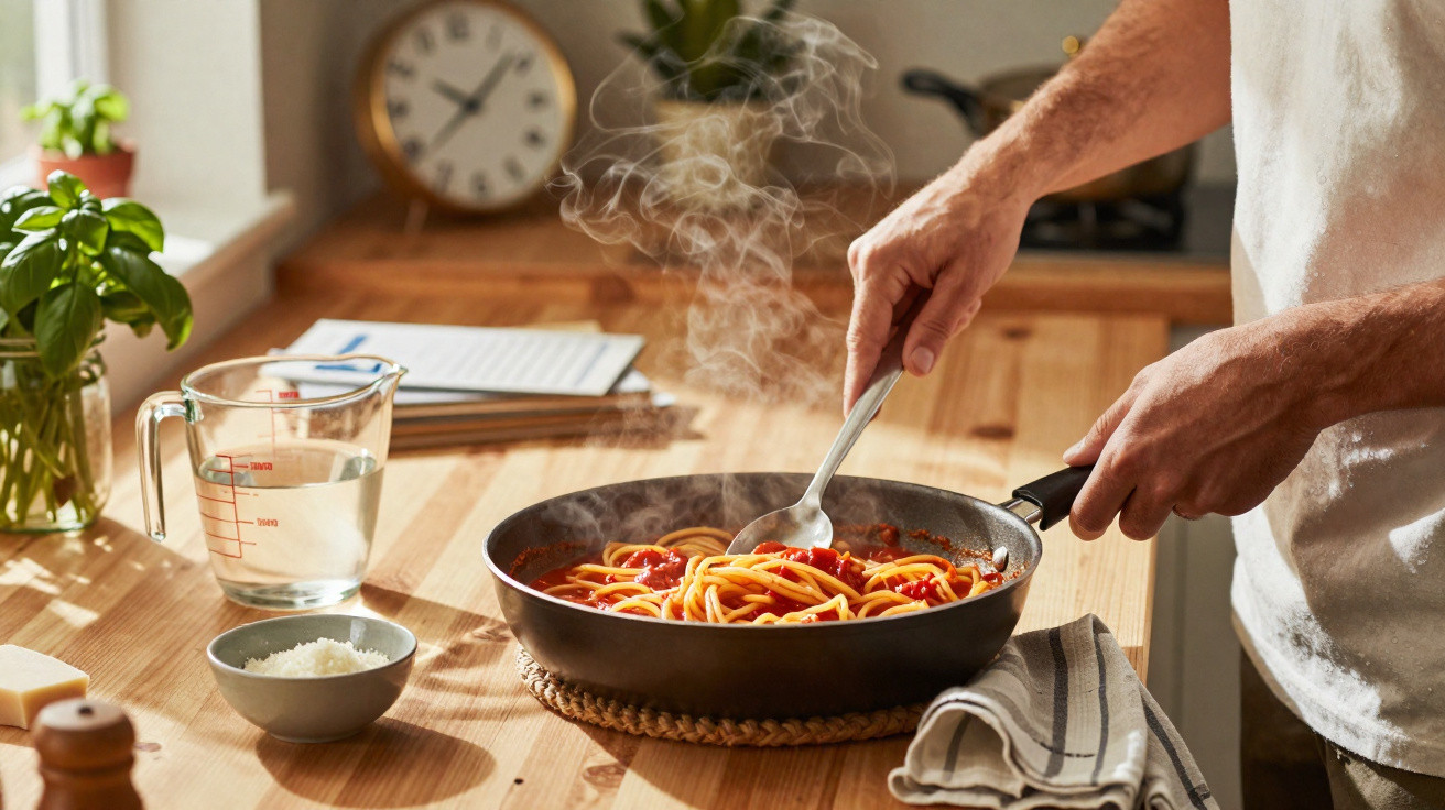 Pessoa a mexer esparguete com molho de tomate numa frigideira numa cozinha luminosa.