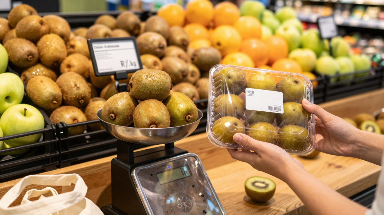Pessoa a pesar uma embalagem de kiwis num supermercado com várias frutas ao fundo.