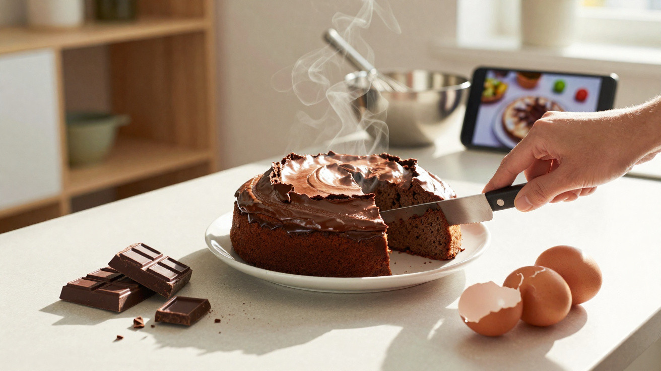 Bolo de chocolate húmido com cobertura cremosa fumegante, sendo cortado numa cozinha branca.