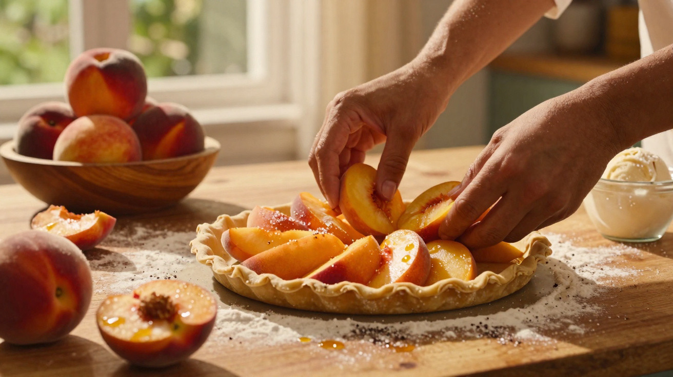 Mãos a colocar fatias de pêssego numa tarteira com base de massa, num ambiente de cozinha iluminado.