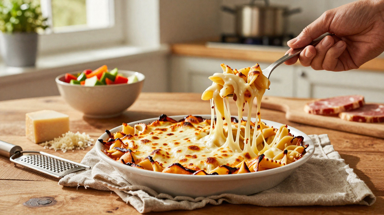 Mão a levantar uma colher com macarrão gratinado com queijo derretido, numa tigela branca sobre uma mesa de madeira.