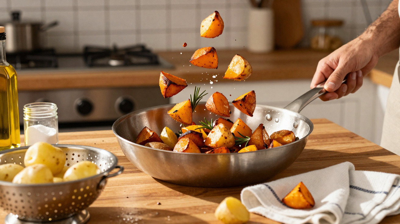 Batatas a dourar em frigideira de inox enquanto são temperadas com sal, num ambiente de cozinha moderna.