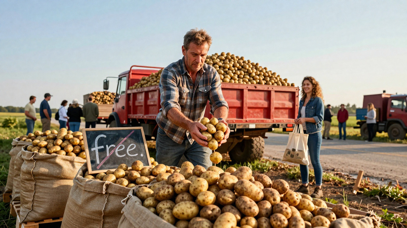 Homem a vender batatas em sacos grandes junto a camiões num mercado ao ar livre.
