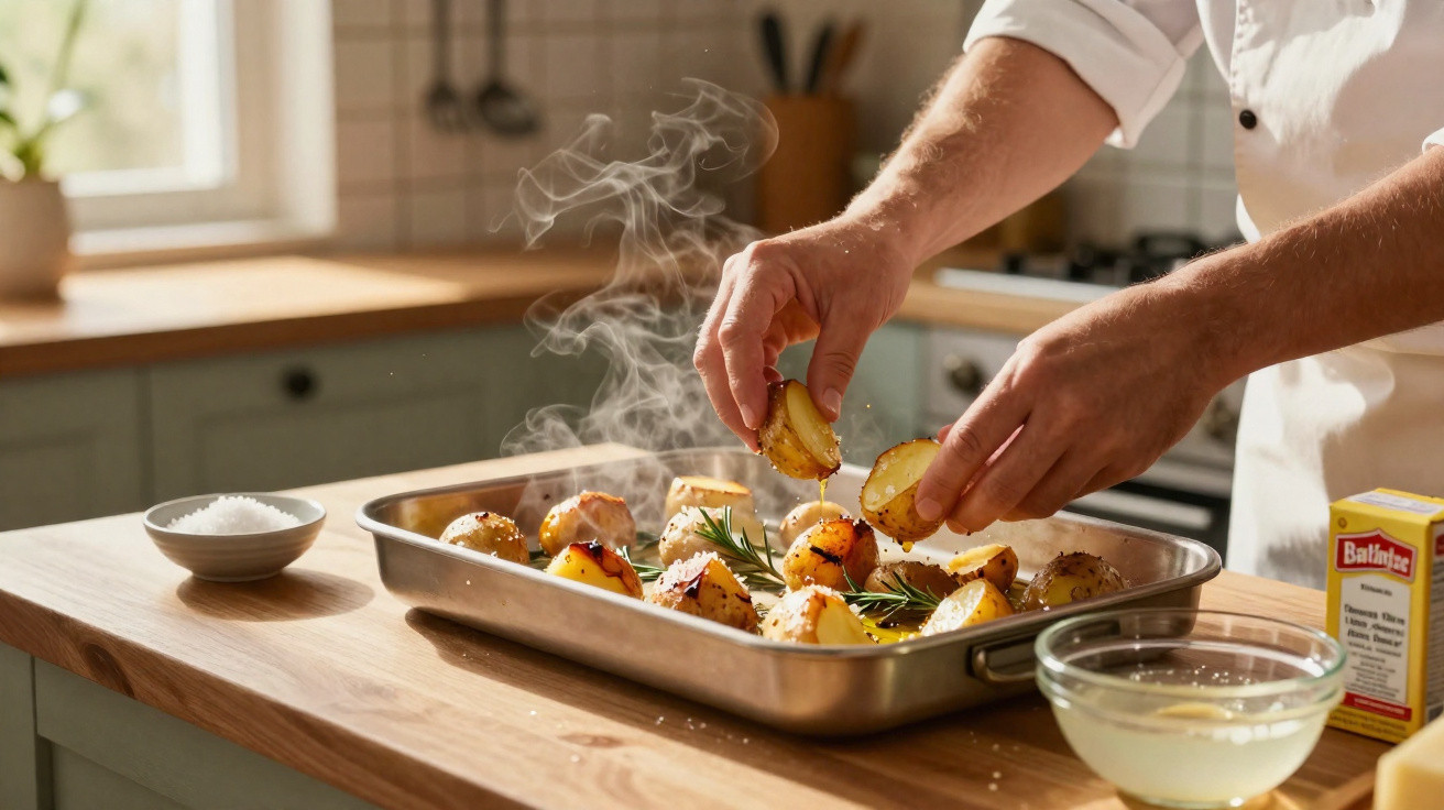 Mãos a temperar batatas assadas fumegantes numa tabuleiro de metal numa cozinha iluminada.