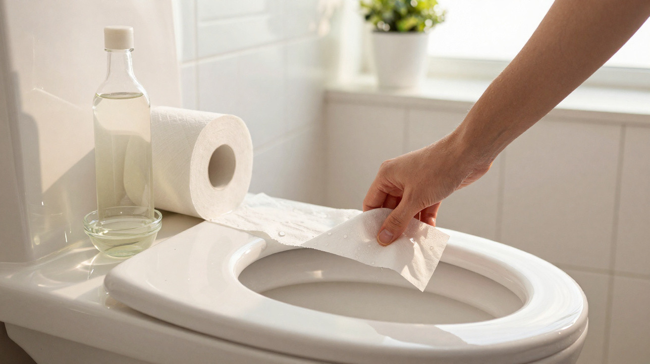 Pessoa a limpar a sanita com papel higiénico, com garrafa de líquido e rolo de papel ao lado.