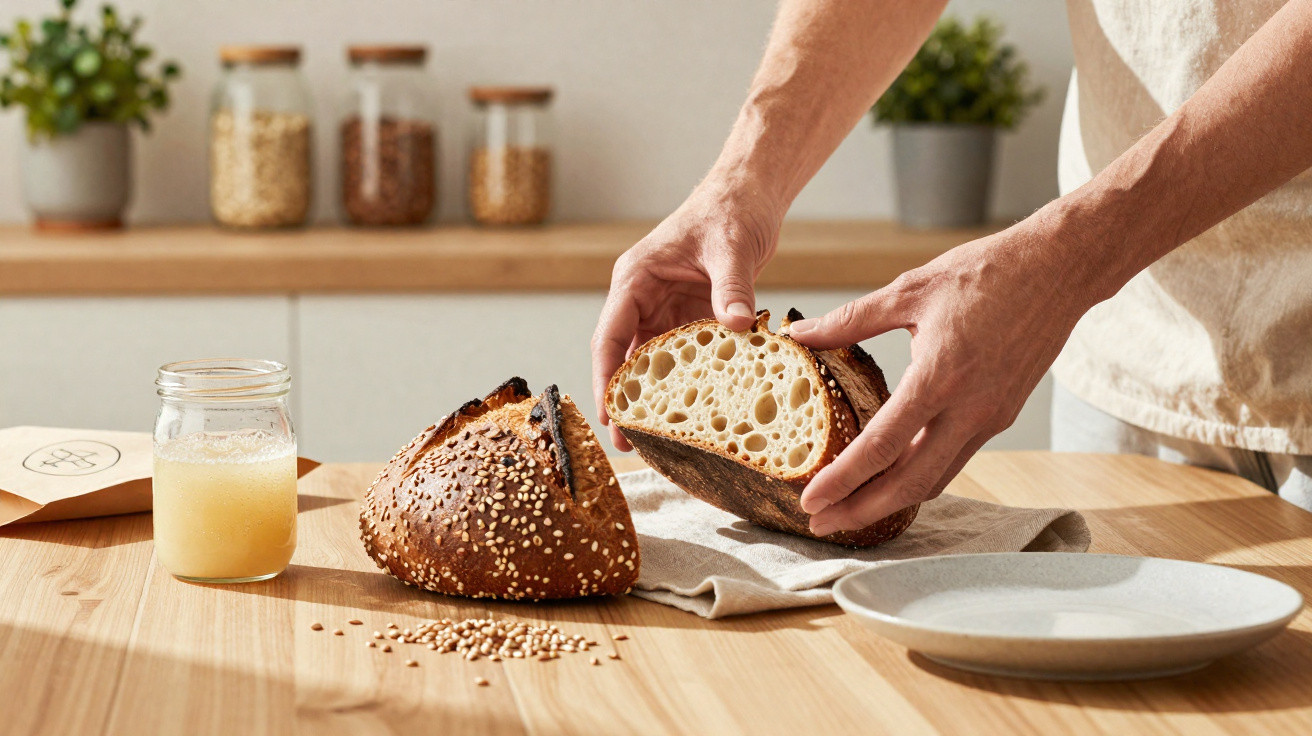 Pessoa a partir pão de cereais, jarra com líquido e prato numa mesa de cozinha iluminada.