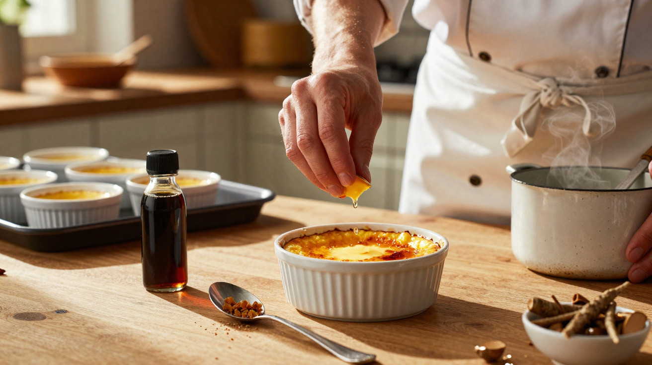 Mão de chef a espremer sumo de limão sobre creme brûlée numa tigela branca numa cozinha.