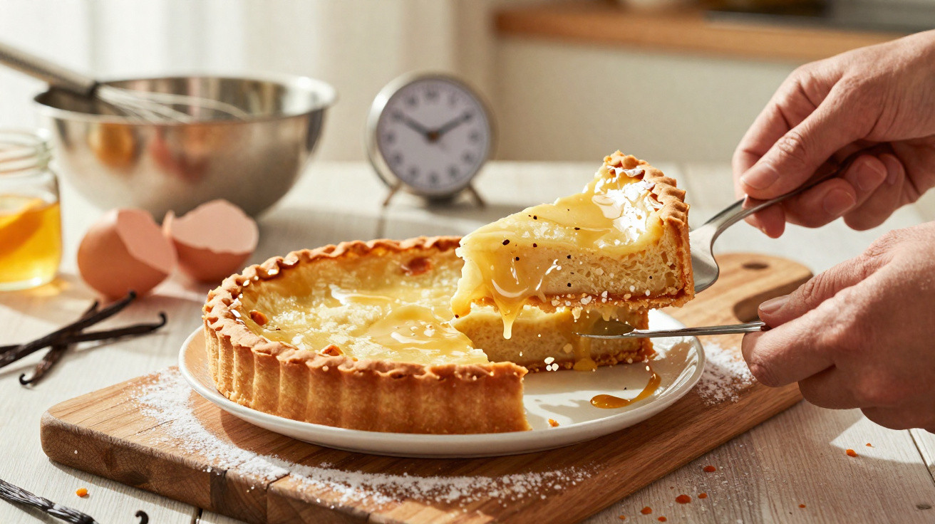 Mão a servir fatia de tarte de lemon curd com calda dourada, sobre prato branco numa tábua de madeira.