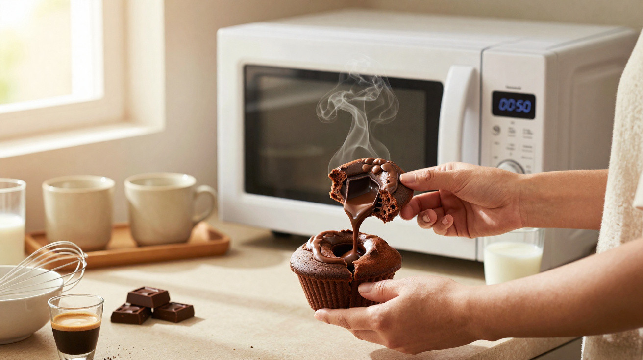 Pessoa a partir um cupcake de chocolate quente com recheio derretido, à frente de um micro-ondas.