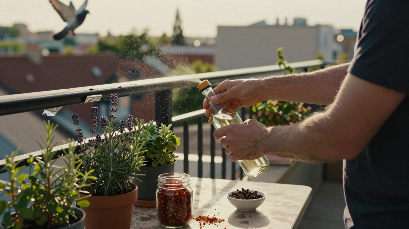 Mãos a borrifar óleo em plantas aromáticas num vaso, numa varanda com vista para a cidade ao entardecer.