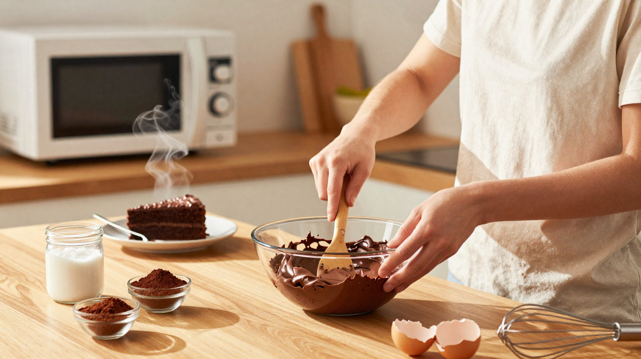 Pessoa a mexer chocolate derretido numa taça de vidro numa cozinha com ingredientes para bolo espalhados na mesa.