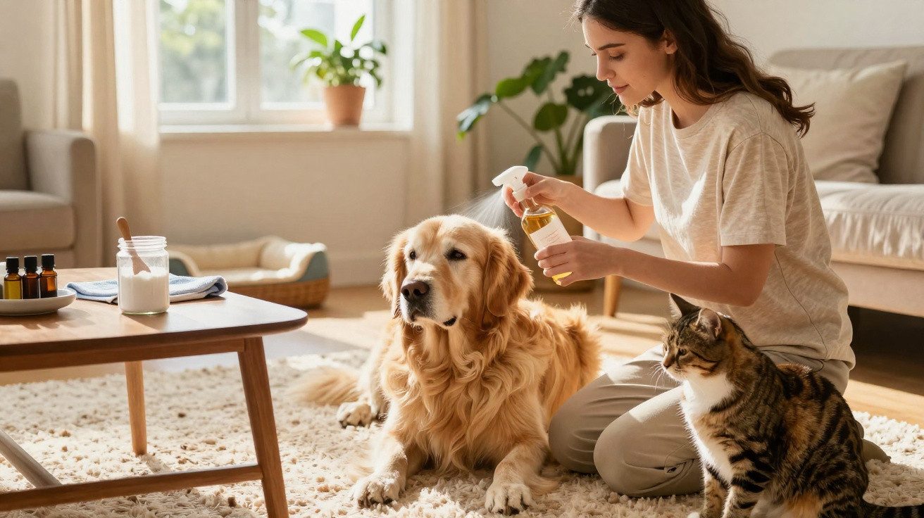 Mulher a aplicar spray num cão golden retriever junto de um gato num chão com tapete branco.