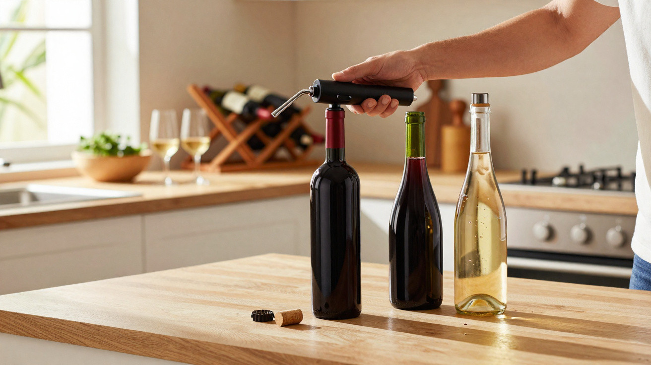 Pessoa a abrir garrafa de vinho tinto com saca-rolhas elétrico numa cozinha moderna.