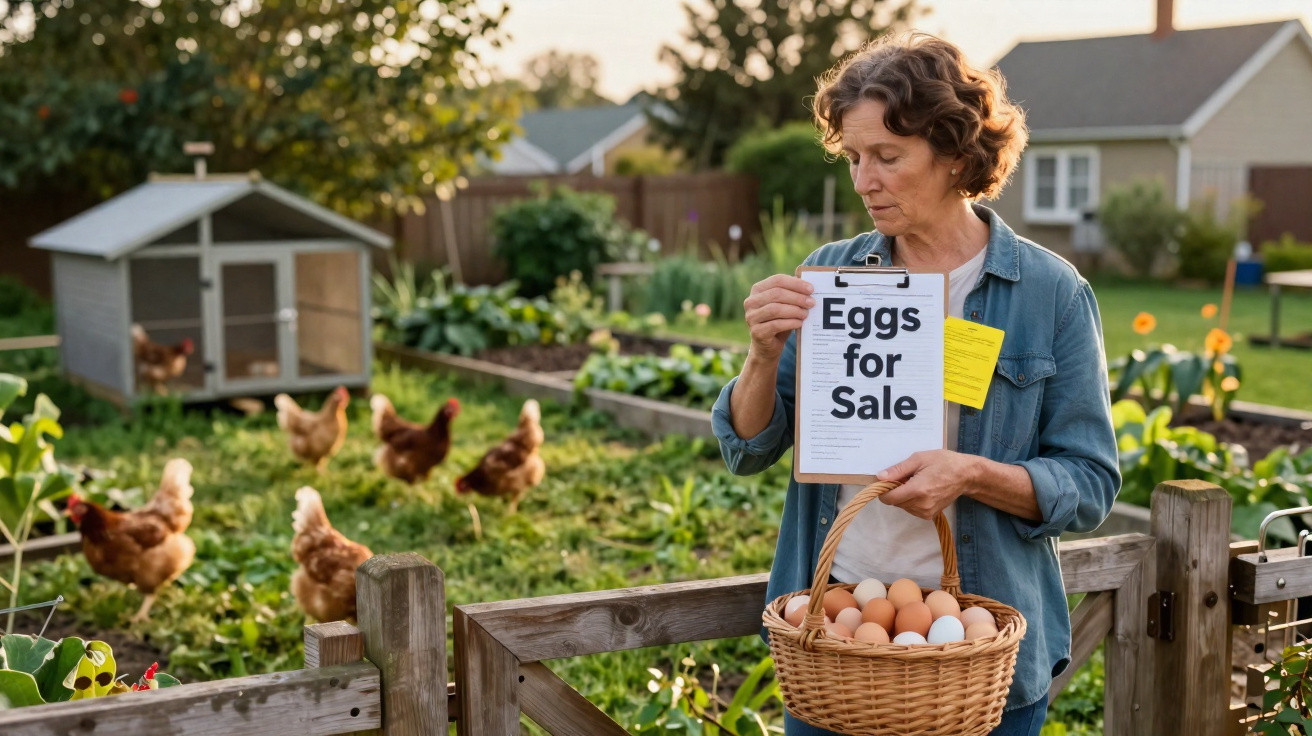 Mulher com cesto de ovos mostra placa "Eggs for Sale" junto a galinheiro e galinhas num jardim.