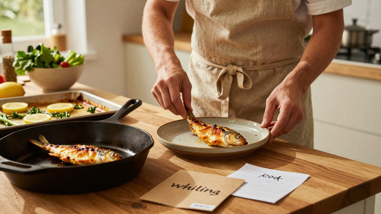 Pessoa a servir peixe grelhado num prato numa cozinha com ingredientes frescos ao fundo.