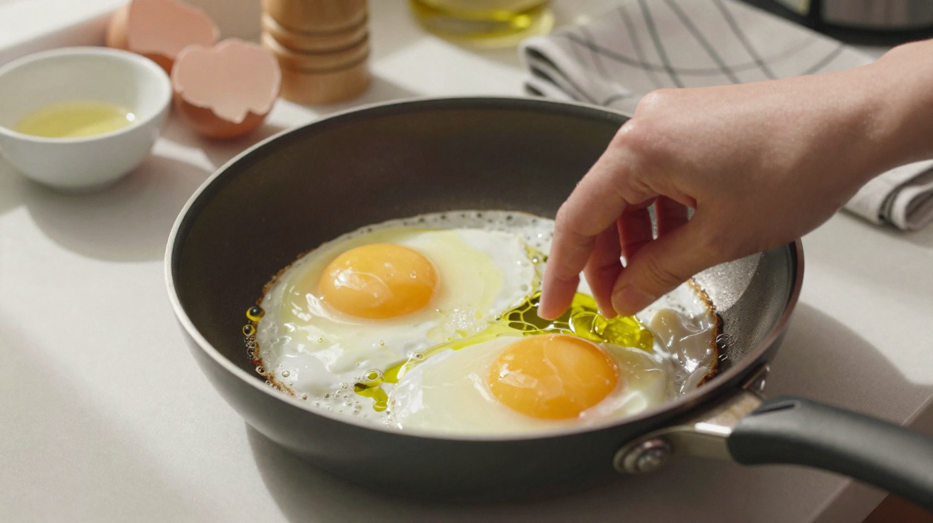 Ovos estrelados a cozinhar numa frigideira com um frasco de azeite a ser despejado por uma mão.